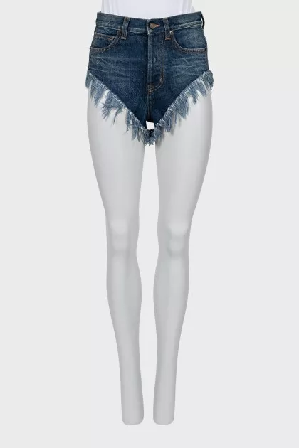 Cropped denim shorts with fringe