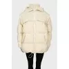 Mocking down jacket with a hood, with a tag