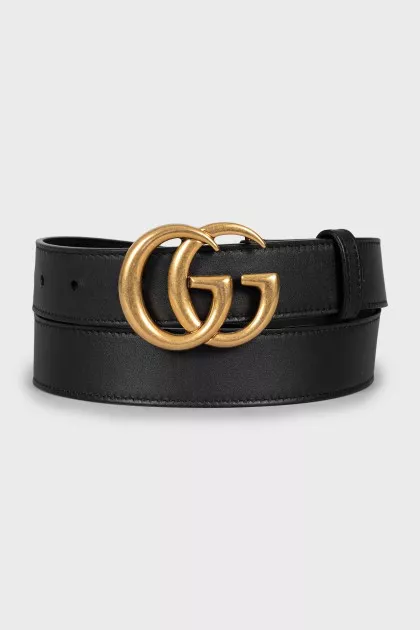 Black leather belt with gold logo