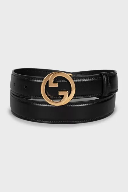 Black leather belt with brand logo