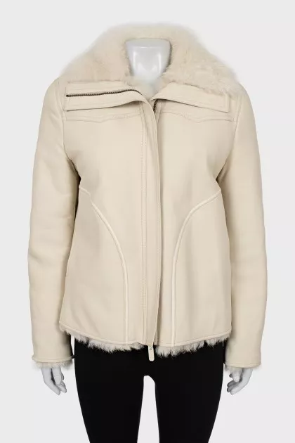 Straight cut leather sheepskin coat