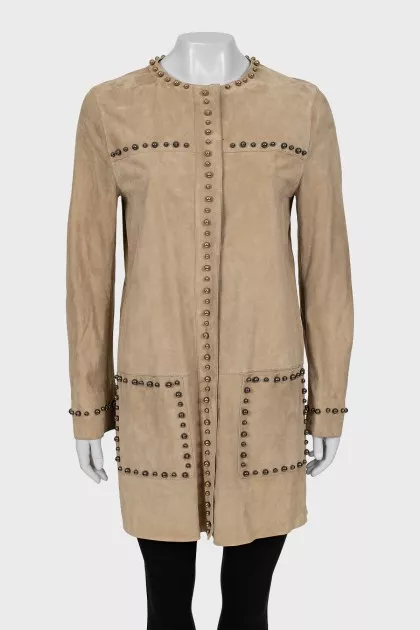 Suede coat with decorative elements