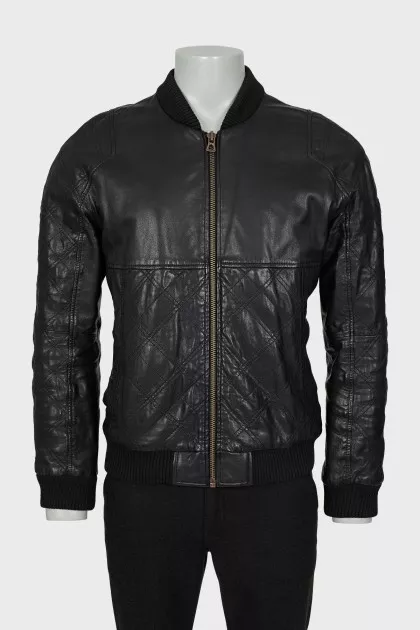Men's black leather bomber jacket