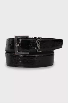 Patent leather belt with brand logo