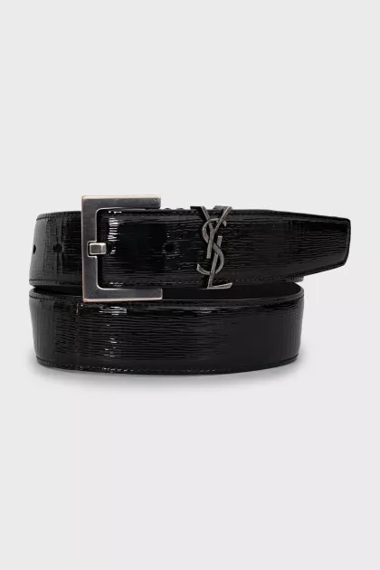 Patent leather belt with brand logo