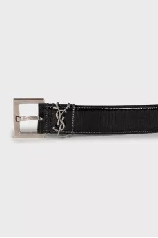 Patent leather belt with brand logo