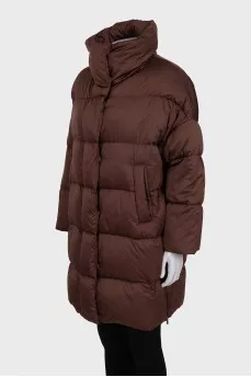 Brown down jacket with zipper and buttons
