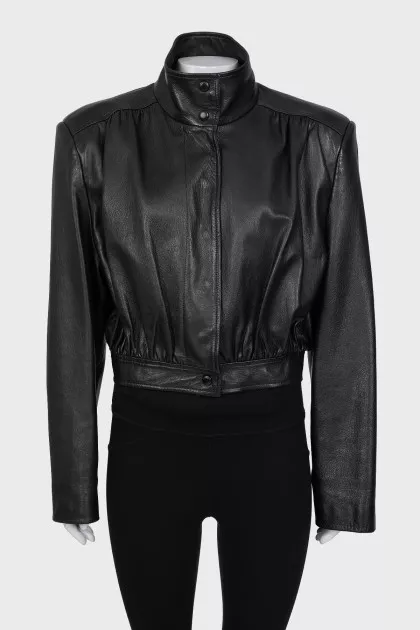 Leather cropped bomber jacket