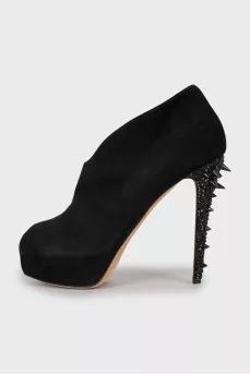 Suede crystal studded heeled shoes