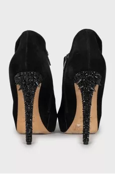 Suede crystal studded heeled shoes