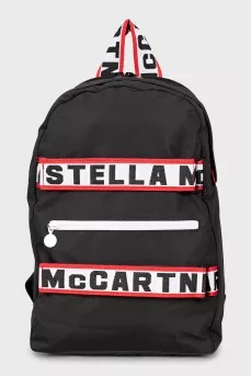 Black backpack with branded print