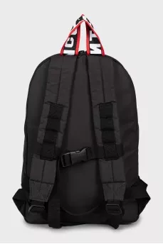 Black backpack with branded print