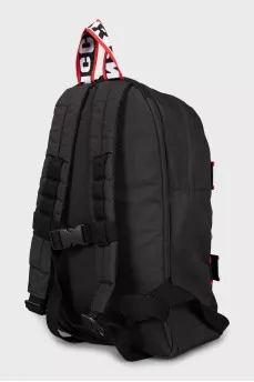 Black backpack with branded print