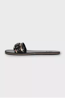 Black leather and canvas slides