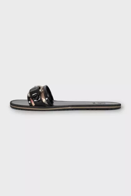 Black leather and canvas slides