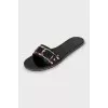 Black leather and canvas slides