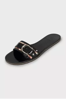 Black leather and canvas slides