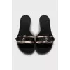 Black leather and canvas slides