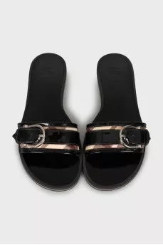 Black leather and canvas slides
