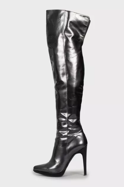 Grey leather over the knee boots