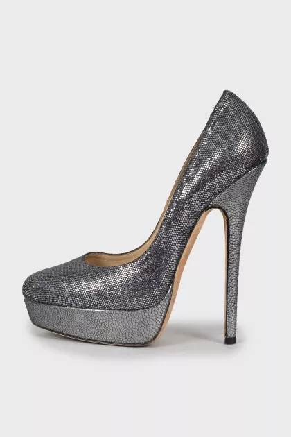 Silver leather stiletto heels