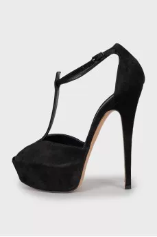 Black suede high heel sandals