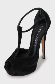 Black suede high heel sandals