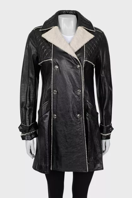 Double-breasted leather coat