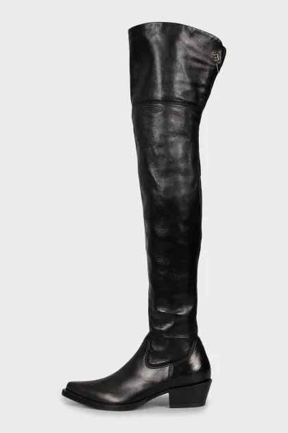 Leather over the knee boots with a beveled heel
