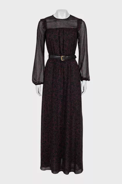 Mesh dress with belt in print