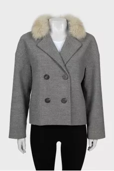 Double-breasted half-coat with removable fur