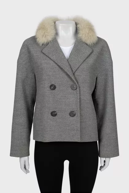 Double-breasted half-coat with removable fur
