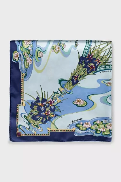 Silk blue scarf with floral print