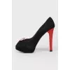 Black Suede Pumps with Red Heel