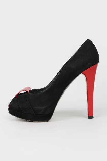 Black Suede Pumps with Red Heel