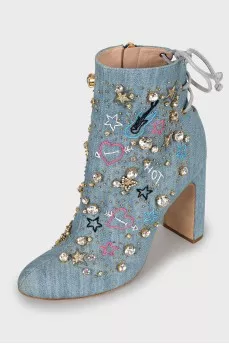 Denim ankle boots with crystals
