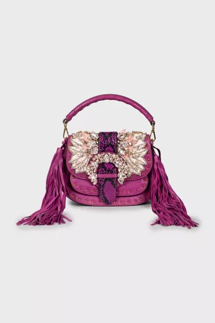 Purple Leather Bag with Crystals