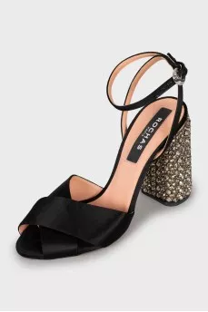 Textile sandals with rhinestones on the heel