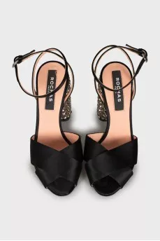 Textile sandals with rhinestones on the heel
