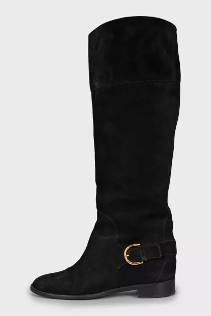 Suede boots with gold buckles