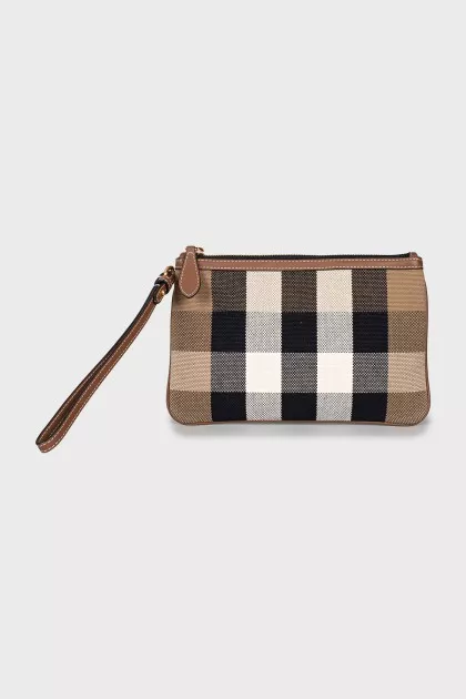 Clutch with branded print and tag