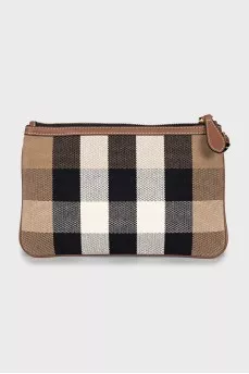 Clutch with branded print and tag