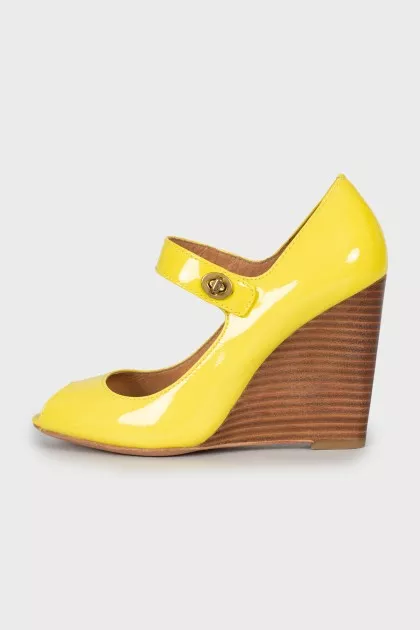 Yellow patent leather wedge sandals