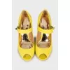 Yellow patent leather wedge sandals