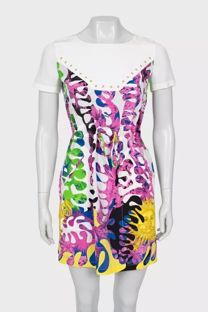 Silk dress with print and eyelet
