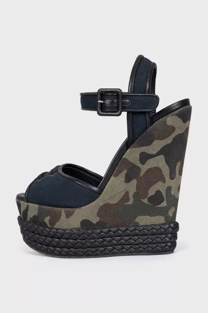 Military print wedge sandals