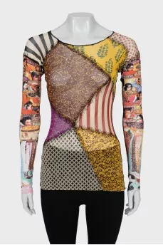 Mesh long sleeve in a combined print