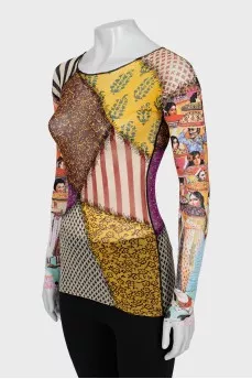Mesh long sleeve in a combined print