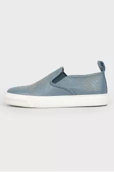 Gray leather slips with tag