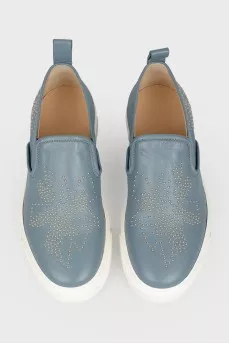 Gray leather slips with tag
